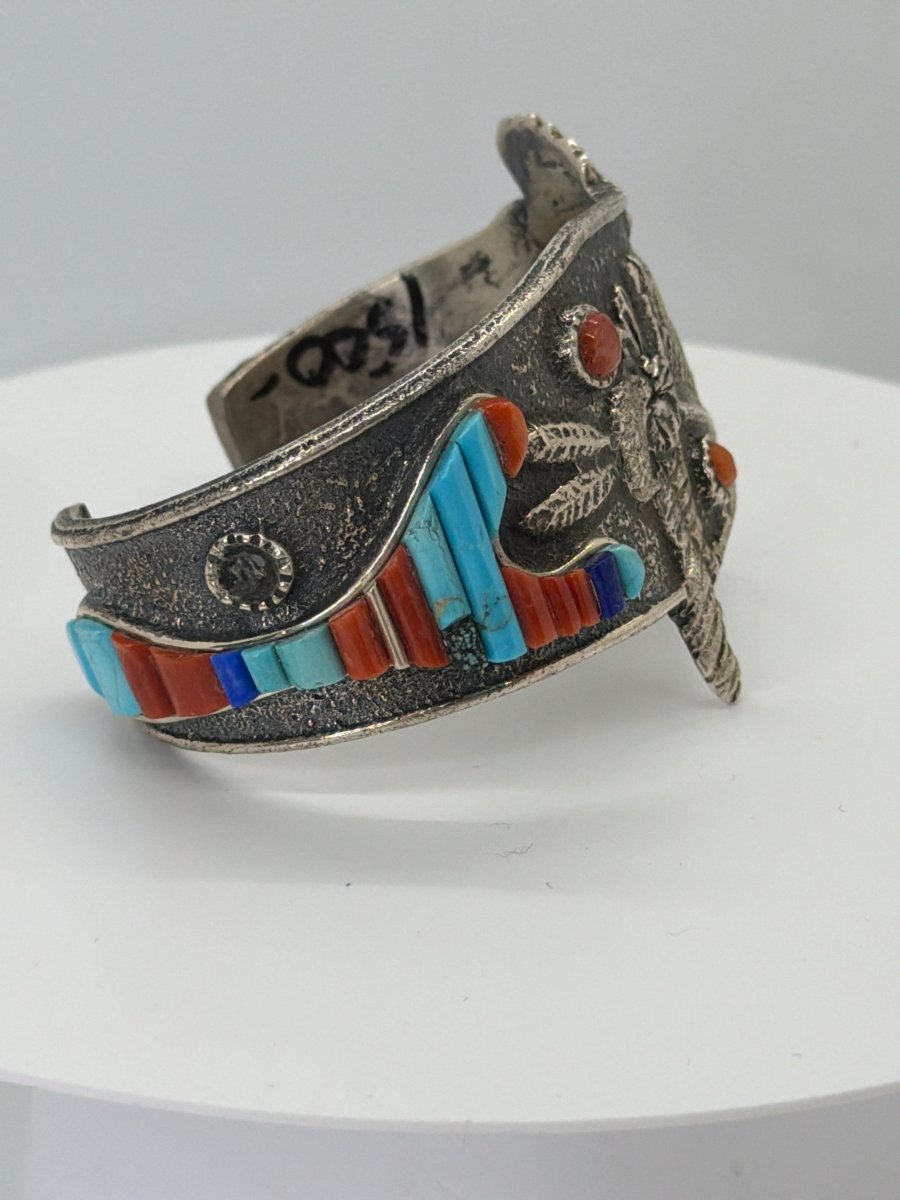 Tufa Cast Hummingbird Kachina Cuff with Cobblestone Inlay — Lester James - Turquoise Mustang