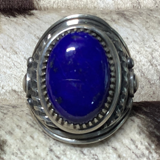 Ring, Oval Lapis,Sawtooth bezel, overlay work Derrick Gordon - Turquoise Mustang