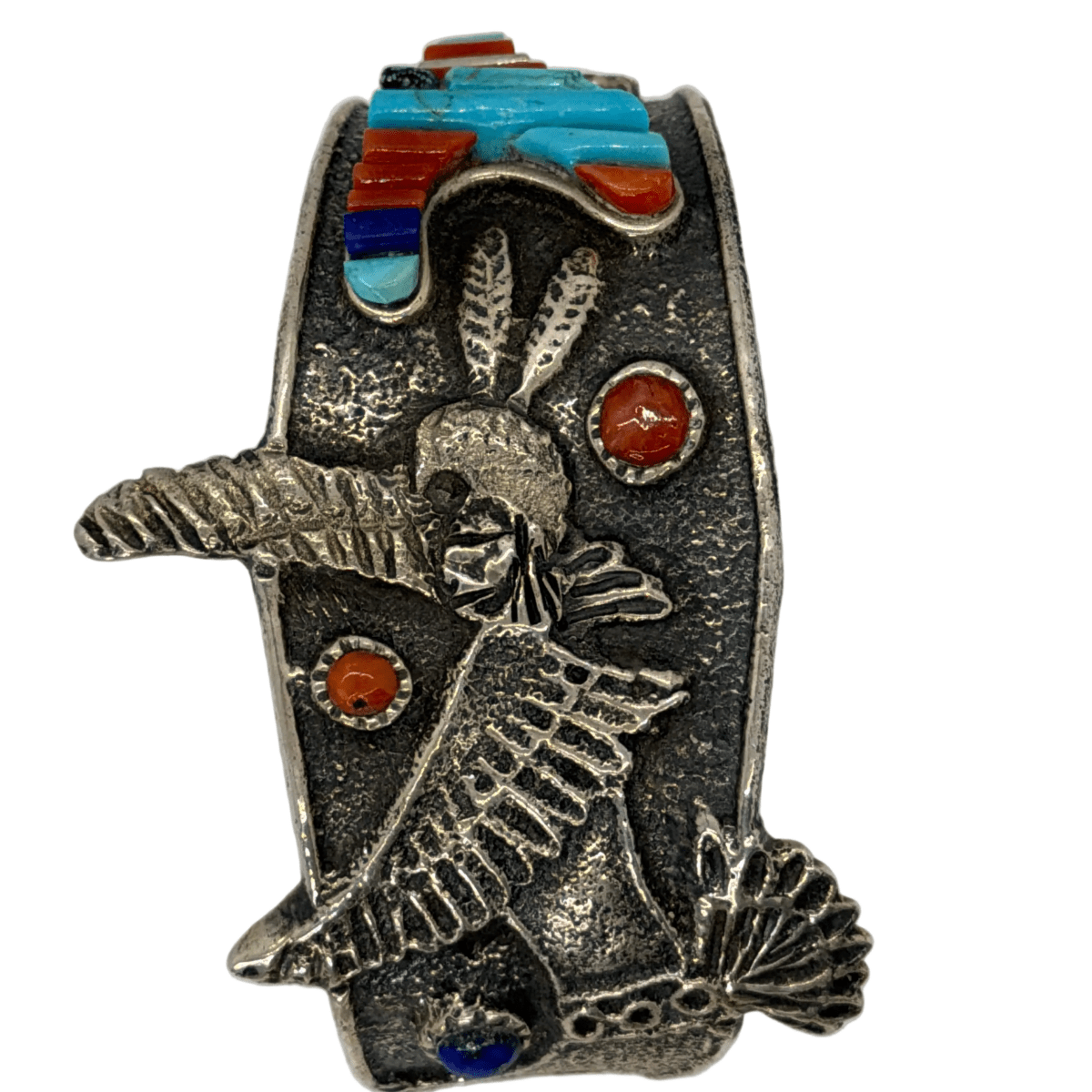 Tufa Cast Hummingbird Kachina Cuff with Cobblestone Inlay — Lester James - Turquoise Mustang