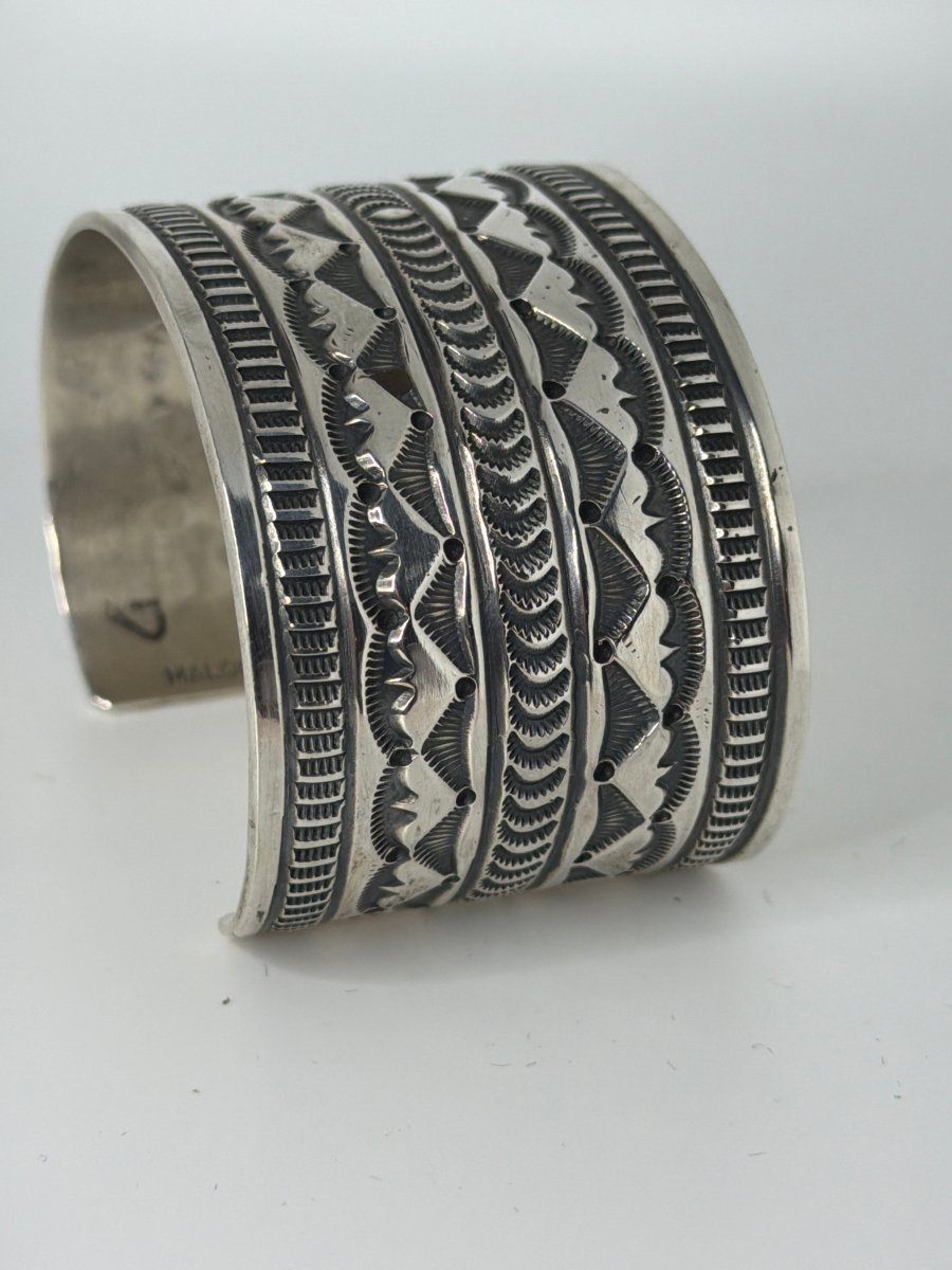 Heavy - Gauge Sterling Silver Five Row - Stamped Bracelet Cuff, Leonard Maloney - Turquoise Mustang
