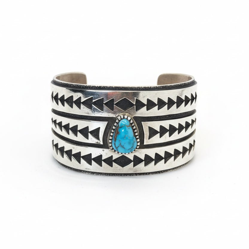 Triangle Motif Cuff with Teardrop Natural Kingman Turquoise, H.T. Jim - Turquoise Mustang