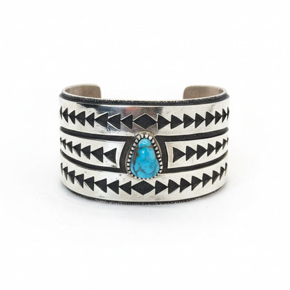 Triangle Motif Cuff with Teardrop Natural Kingman Turquoise, H.T. Jim - Turquoise Mustang