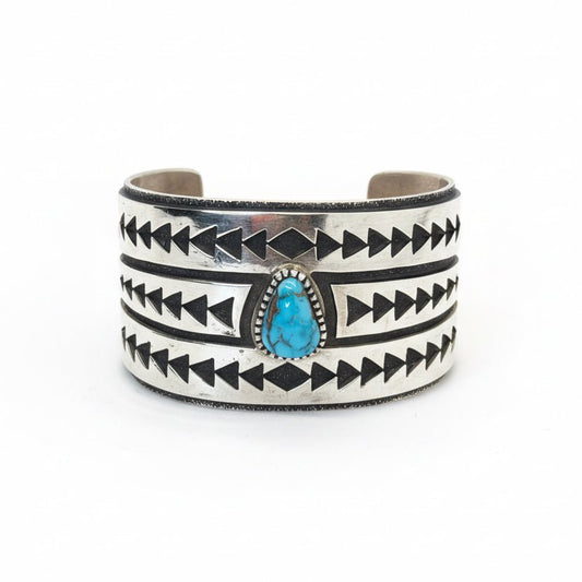 Triangle Motif Cuff with Teardrop Natural Kingman Turquoise, H.T. Jim - Turquoise Mustang