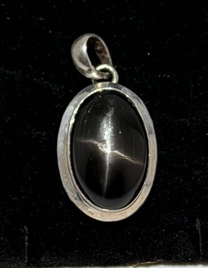 Black Star Sapphire Oval Pendant, 1.75” long, beveled bezel, - Turquoise Mustang