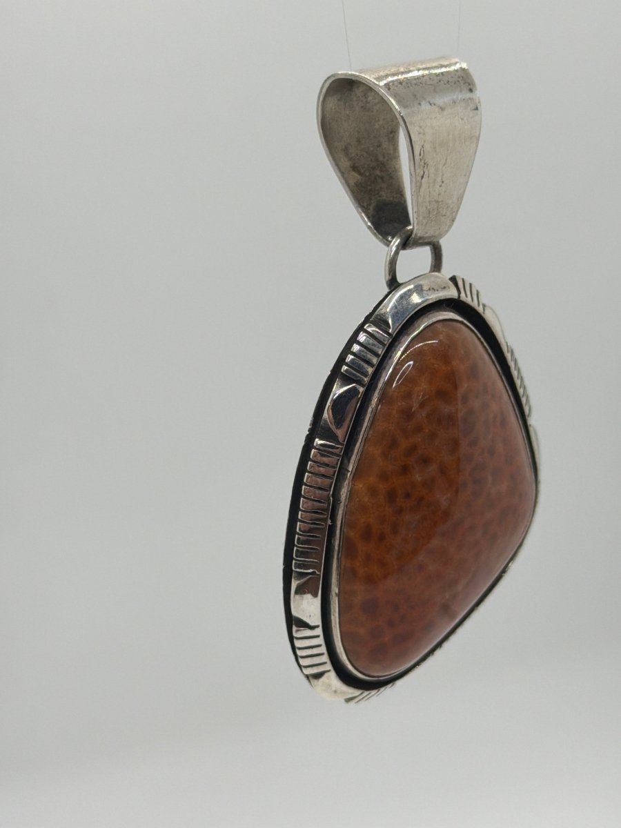 Large Freeform Agatized Orange Coral Pendant with Filework Bezel, Charley Willie - Turquoise Mustang