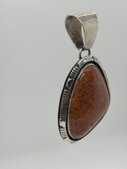 Large Freeform Agatized Orange Coral Pendant with Filework Bezel, Charley Willie - Turquoise Mustang