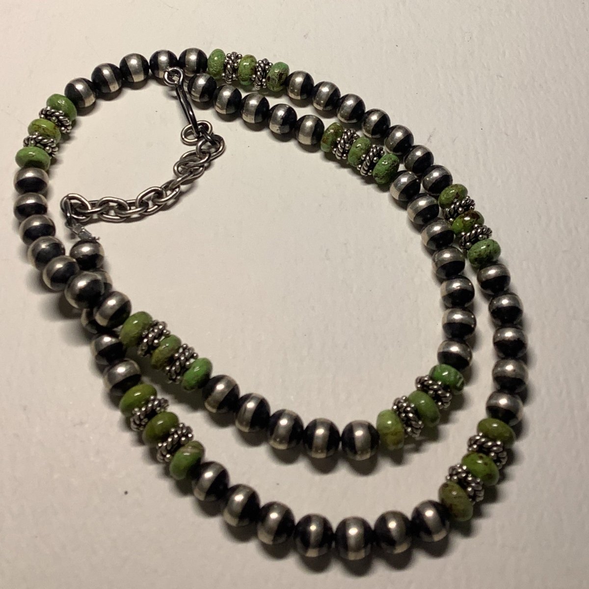 Necklace, 24" 8mm Navajo Pearls w/ Gaspeite Rondelles & Rope spacers, Turquoise Mustang - Turquoise Mustang