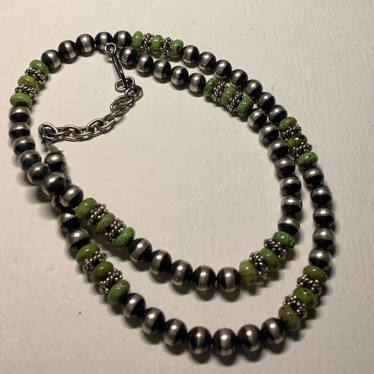 Necklace, 24" 8mm Navajo Pearls w/ Gaspeite Rondelles & Rope spacers, Turquoise Mustang - Turquoise Mustang