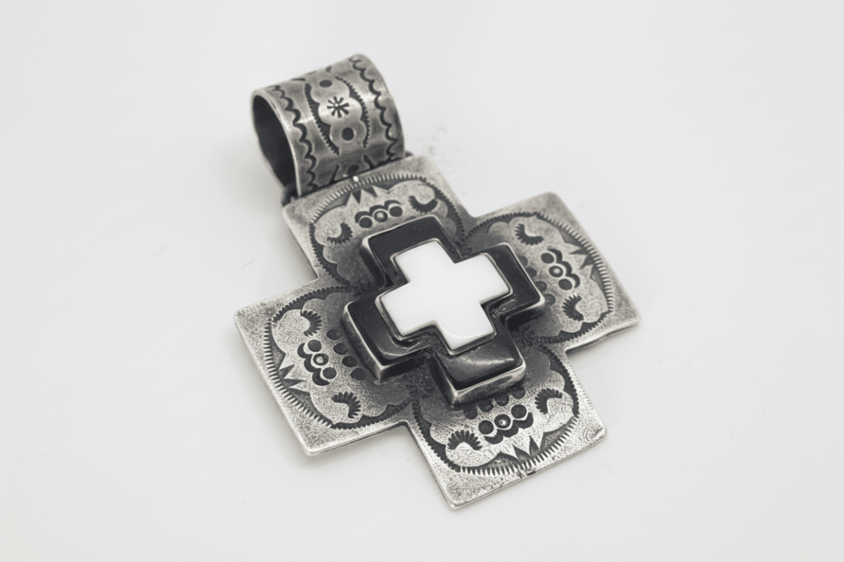 Pendant, Cross, Navajo style with stacked Black Onyx and White Jade Cross Cabs, DD - Turquoise Mustang