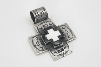 Pendant, Cross, Navajo style with stacked Black Onyx and White Jade Cross Cabs, DD - Turquoise Mustang