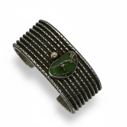 Stunning Tufa Cast Cuff with Olive Green Royston and 18ct Raindrop Embelishment by Arizona Anderson - Turquoise Mustang