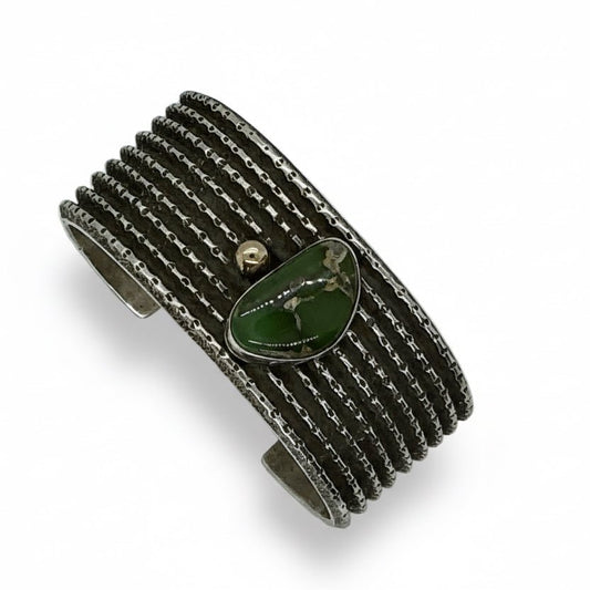 Stunning Tufa Cast Cuff with Olive Green Royston and 18ct Raindrop Embelishment by Arizona Anderson - Turquoise Mustang