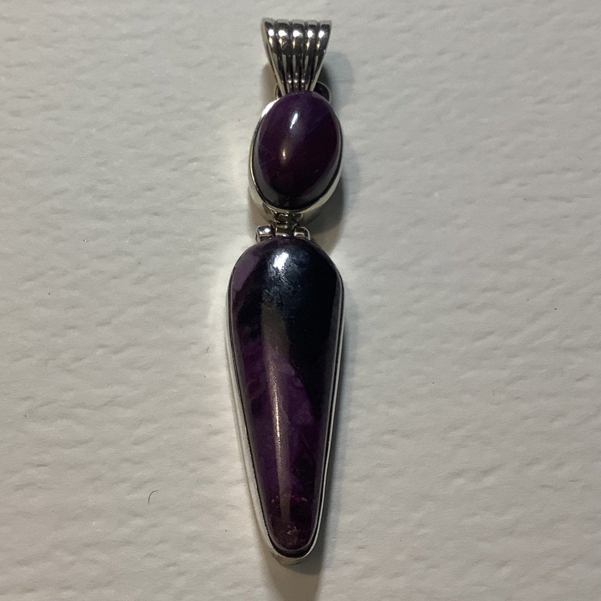 Pendant, Sugilite, two cabs, Oval with dangling Pear, DD - Turquoise Mustang