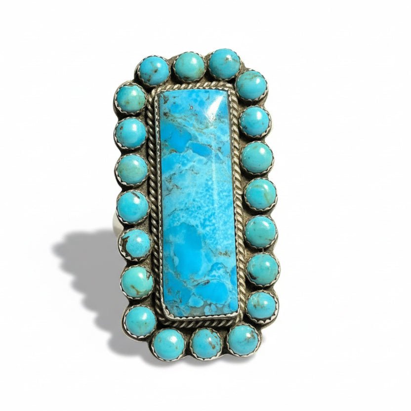 Rectangular Kingman Turquoise Cluster Ring, Adjustable Patrick Yazzie - Turquoise Mustang