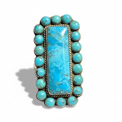 Rectangular Kingman Turquoise Cluster Ring, Adjustable Patrick Yazzie - Turquoise Mustang