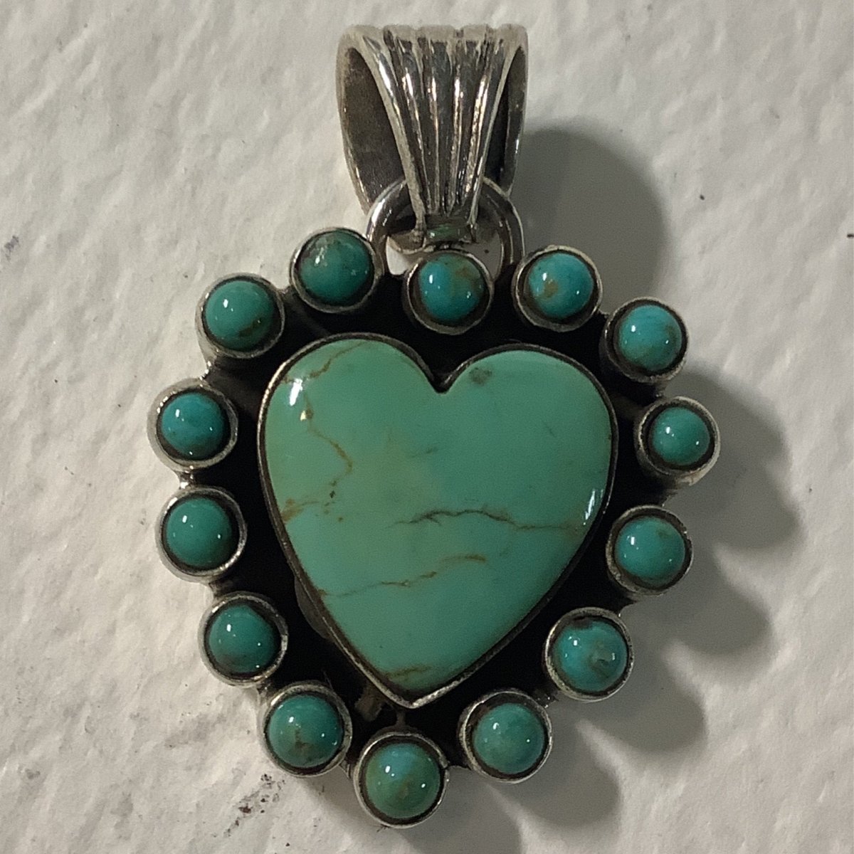 Pendant, Heart, Small Kingman Turquoise Heart Cab w/ 13 stone bezel, DD - Turquoise Mustang