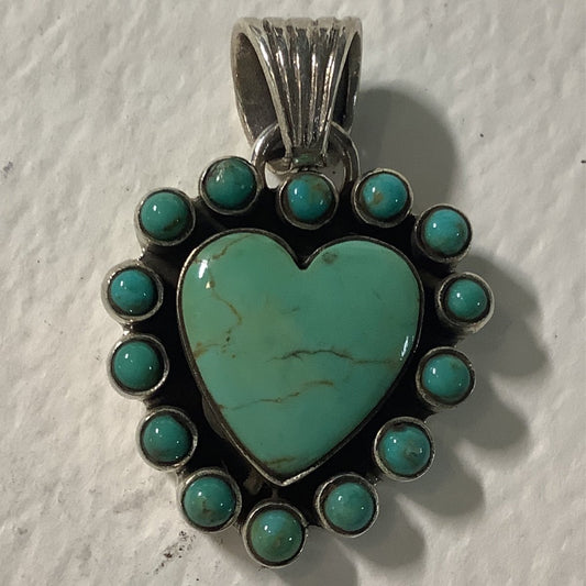 Pendant, Heart, Small Kingman Turquoise Heart Cab w/ 13 stone bezel, DD - Turquoise Mustang