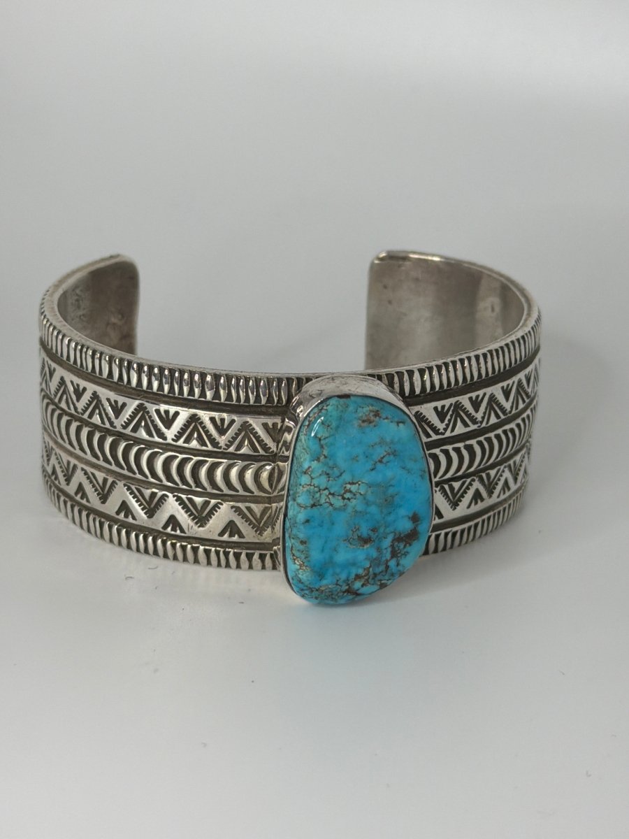 Wide Stamped Navajo Cuff Bracelet with Freeform Blue Kingman Turquoise, Alex Sanchez - Turquoise Mustang