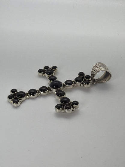 21 - Stone Black Onyx Cluster Cross Pendant in Sterling Silver, Dan Dodson - Turquoise Mustang