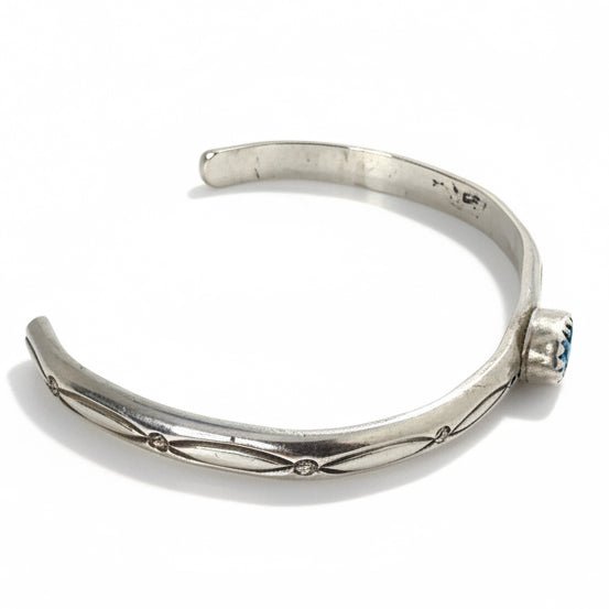 Vintage Sterling Silver Petite Stamped Cuff with Sleeping Beauty Turquoise, B. Bennett - Turquoise Mustang