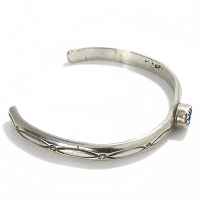 Vintage Sterling Silver Petite Stamped Cuff with Sleeping Beauty Turquoise, B. Bennett - Turquoise Mustang