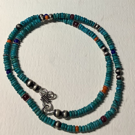Necklace, 22" Kingman Heishi Navajo Pearls , Lapis, Oyster, Coral , Turquoise Mustang - Turquoise Mustang
