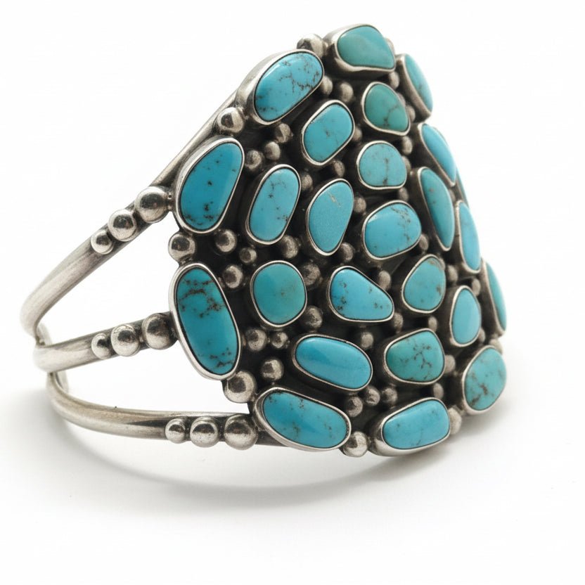 Wide Navajo Cuff with 25 Freeform Turquoise Stones, William Vandever - Turquoise Mustang