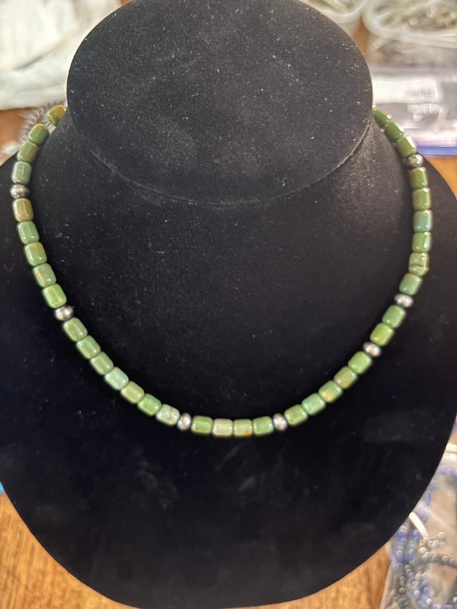 Green Turquoise Barrel and Rondelle Necklace with Silver Pearls by Turquoise Mustang, 16-20" - Turquoise Mustang