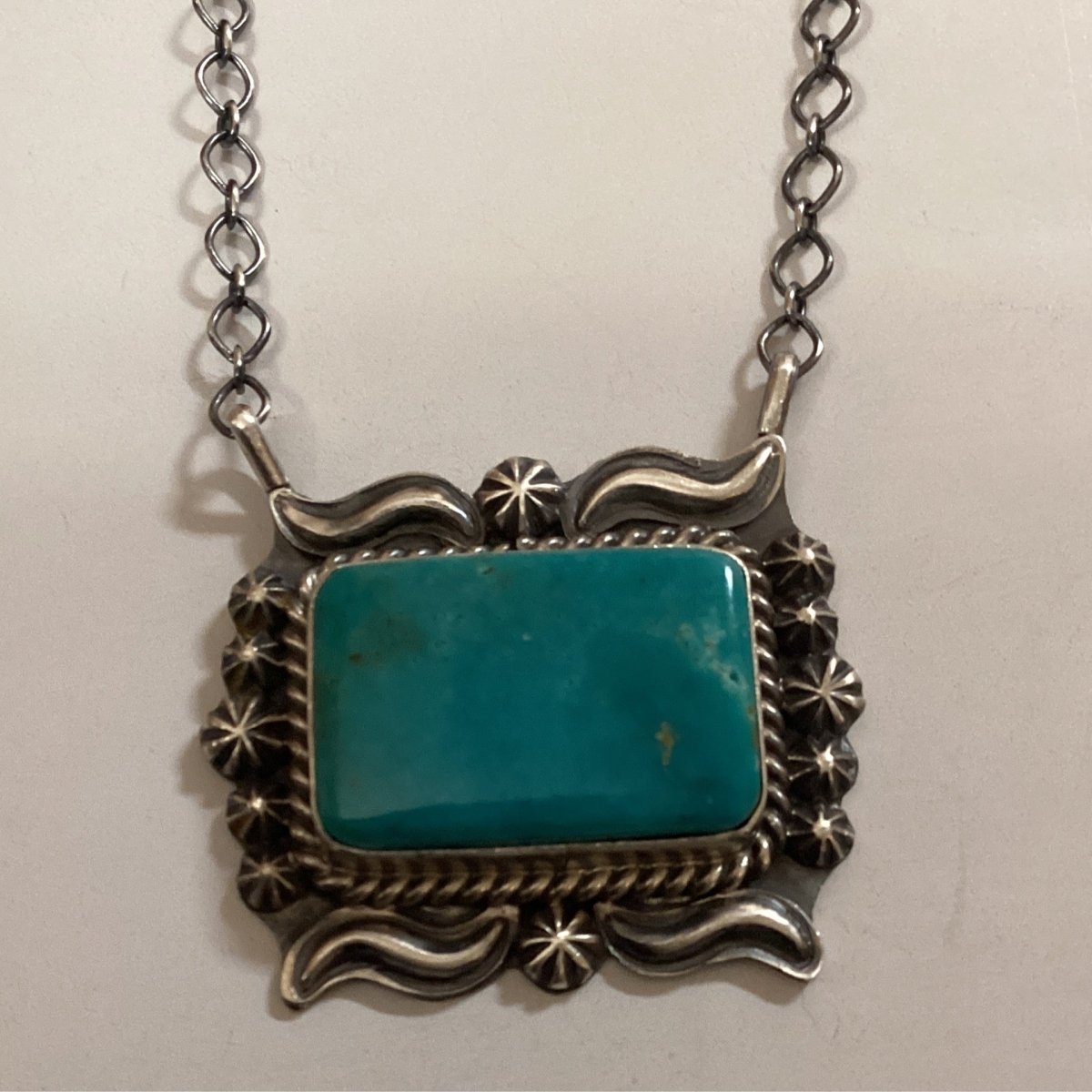 Necklace, fancy Bar Necklace with repousee and bottoms, Ray Delgarito - Turquoise Mustang
