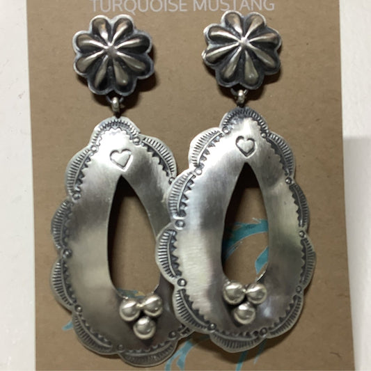 Earring, Cut out teardrop concho with "daisy" posts, Robert Livingston - Turquoise Mustang