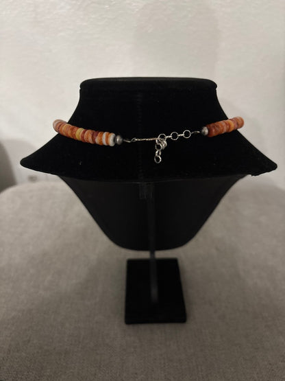 16” Orange Spiny Oyster Rondelle Necklace with Silver Pearl Ends - Turquoise Mustang