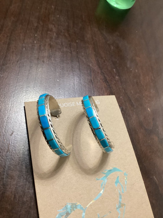 Earring, Hoops, Inlay Turquoise , Zuni - Turquoise Mustang