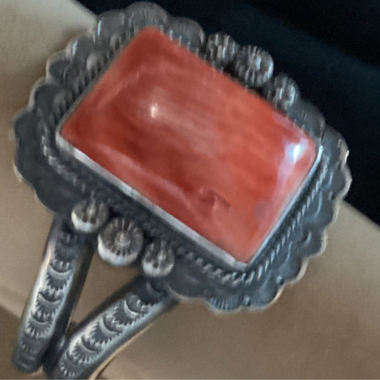 Bracelet, Cuff, Rectangular Orange Spiny Oyster, Rope Bezel, Stamped shank, J Nelson - Turquoise Mustang