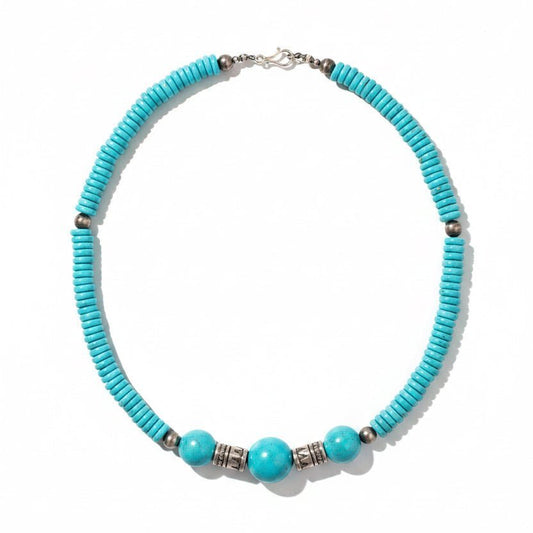 21" Kingman Blue Turquoise Graduated Heshi Necklace with Three Sleeping Beauty Nuggets - Turquoise Mustang