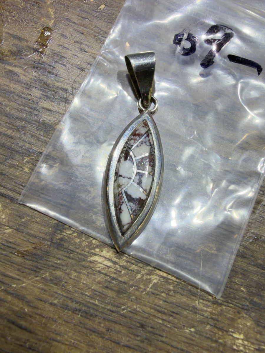 Zuni-Stamped Sterling Silver Marquise Pendant with White Matrix Stone Inlay - Turquoise Mustang