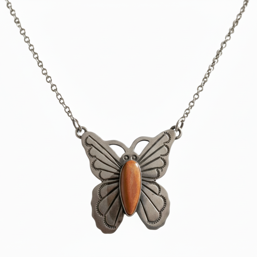 Orange Spiny Oyster Butterfly Bar Necklace (Native American) - Turquoise Mustang
