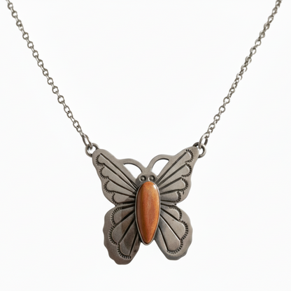 Orange Spiny Oyster Butterfly Bar Necklace (Native American) - Turquoise Mustang