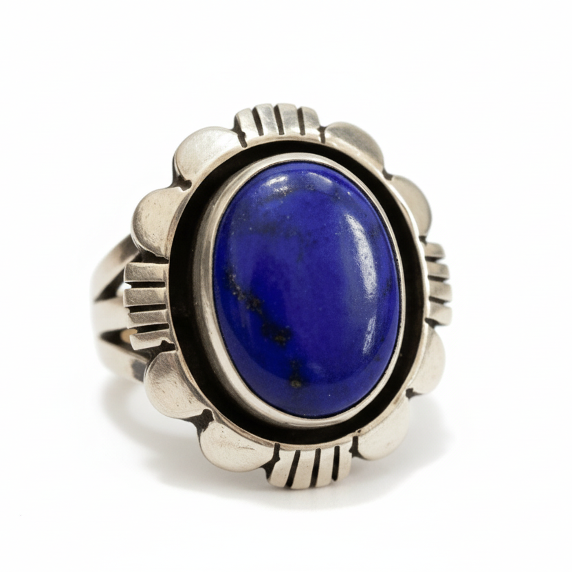 Ring, Lapis Oval, Heavy Beveled Bezel with Filework, Charley Willie - Turquoise Mustang