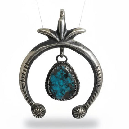 Sterling Silver and Turquoise Dangle Naja Pendant with Hook Top, VC - Turquoise Mustang