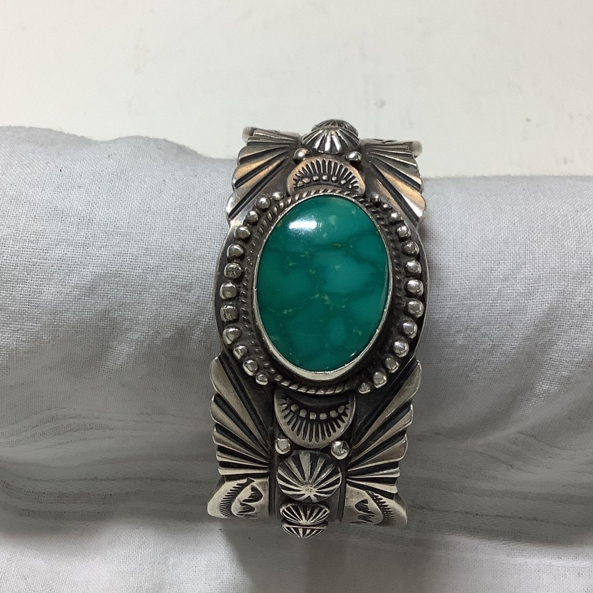 Bracelet, Stamp and Overlay, Oval Broken Arrow, Virgil Begay - Turquoise Mustang
