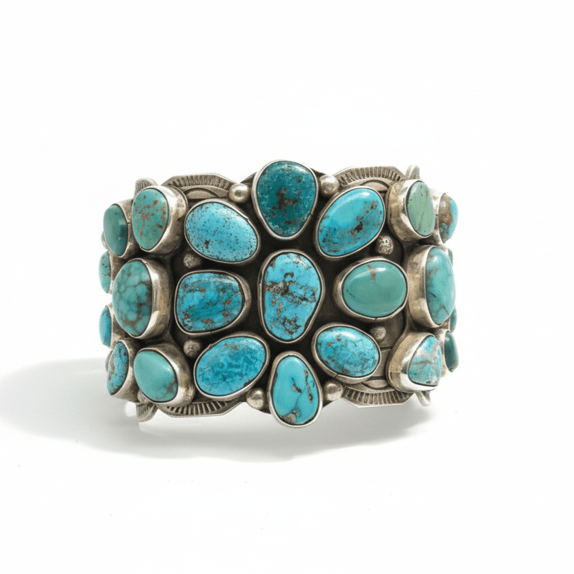 Extra - Wide 23 - Stone Cluster Cuff in Mixed Turquoise, Chris Yazzie - Turquoise Mustang