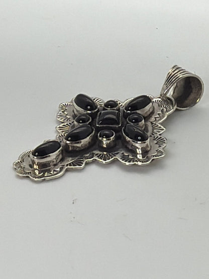 Black Onyx Cluster Cross Pendant on Sterling Silver Stamped Shield with Square Center & Mixed Cabs, Dan Dodson - Turquoise Mustang