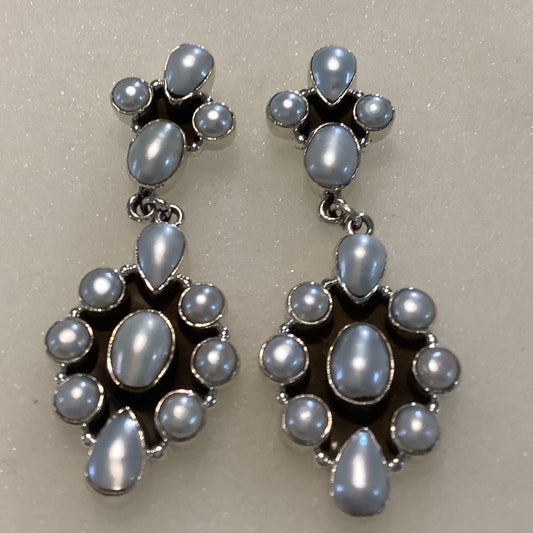 Earrings, Pearl, oblong Cluster drop on 4 - stone Cluster Stud, DD - Turquoise Mustang