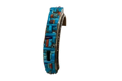 Bracelet, cobble stone turquoise, coral, lapis inlay, Lester James - Turquoise Mustang
