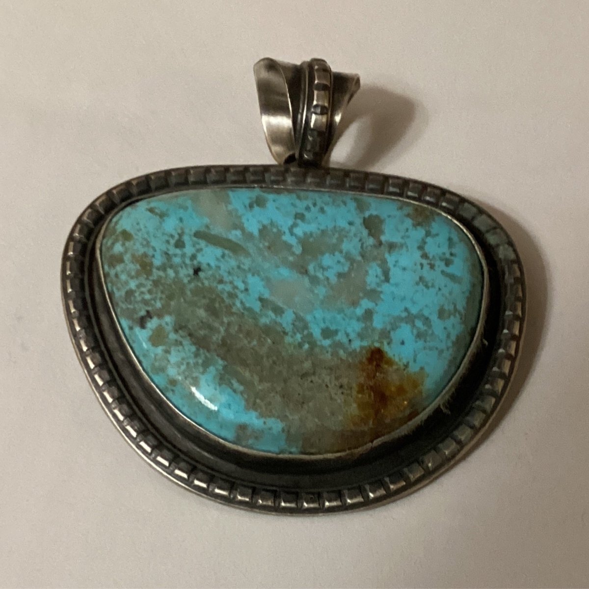 Pendant, extra large, freeform turquoise, square detail bezel, Chimney Butte - Turquoise Mustang