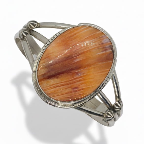 Dainty Sterling Silver Cuff with Large Oval Orange Spiny Oyster Centerpiece by Sam Etsitty - Turquoise Mustang