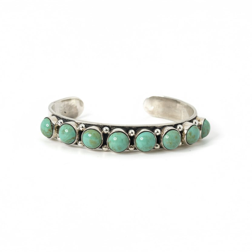 8 - Stone Sage Green Kingman Turquoise Cuff, Large Round Stones — Sterling Silver, Dan Dodson (DD) - Turquoise Mustang