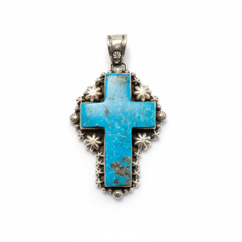 The Passion Flower Cross Pendant in Premium Blue Kingman - Turquoise Mustang