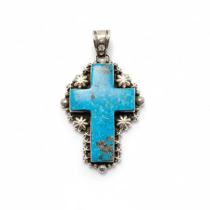 The Passion Flower Cross Pendant in Premium Blue Kingman - Turquoise Mustang