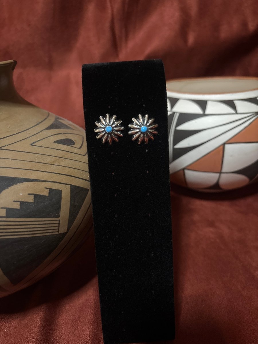 Earring, Peyote Button Concho Studs w/ Turquoise Center - Turquoise Mustang